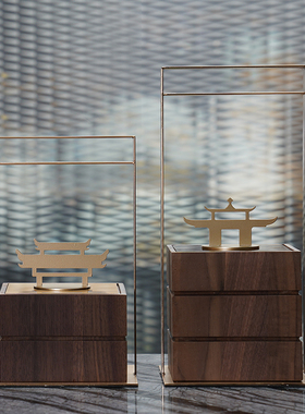 新中式胡桃木铁艺装饰盒摆件客厅书房餐桌提盒样板间酒店软装饰品