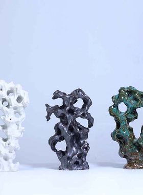 新中式陶瓷太湖石禅意摆件 文房四宝手工假山博古架玄关茶室装饰