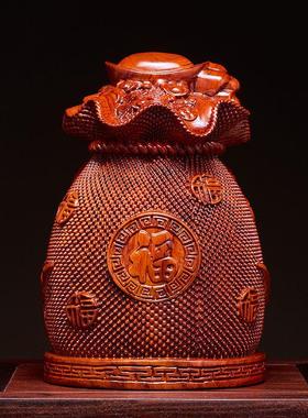 花梨木雕金钱袋摆件实木福袋客厅酒柜电视柜玄关创意乔迁开业礼品