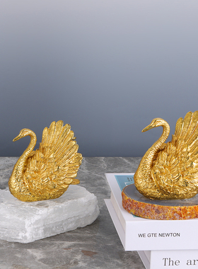 新中式客厅玄关酒柜天然水晶石玛瑙黄铜天鹅家居摆件轻奢华装饰品