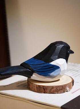 喜鹊手工木雕小鸟摆件卡通可爱动物办公室电视柜桌台面装饰品礼物