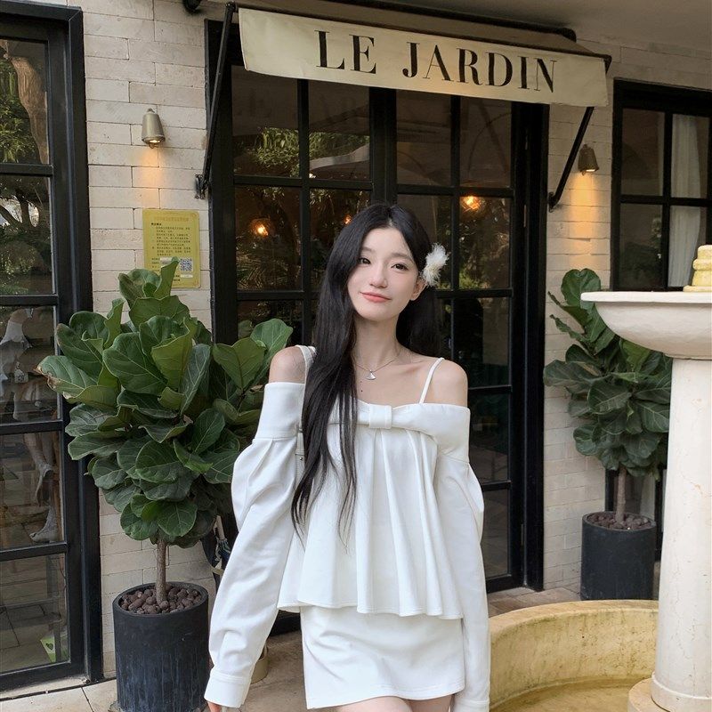 YYW汪澜的妹妹  千金下午茶 白色蝴蝶结露肩衬衫上衣半身裙套装女,淘宝优惠券,粉丝福利购,淘宝优惠卷