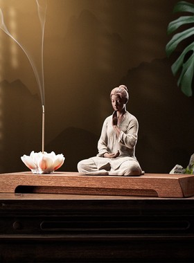 久造中式禅意瑜伽美少女摆件创意陶瓷家居客厅书房茶桌桌面装饰品