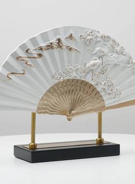 现新中式厅中国风古典白色描代扇子装金饰品摆件家居客工艺礼品摆