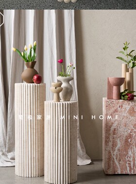 天然黄洞大理石开槽圆柱装饰摆件雕塑落地底座展示台立柱子石墩子