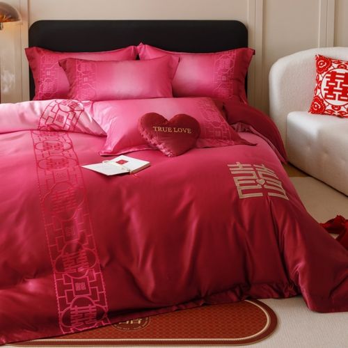 中式渐变刺绣红色婚庆四件套新婚陪嫁纯棉高级感被套床单床上用品 - 图0