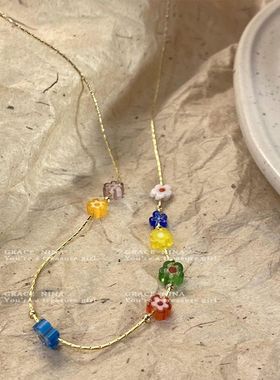 彩色小花朵串珠项链女ins风小众设计可爱网红锁骨链设计新款潮女