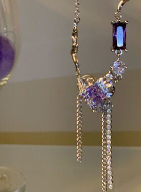 “抓住蜉蝣”ins原创甜酷辣妹y2k紫色锆石褶皱爱心项链女锁骨链女