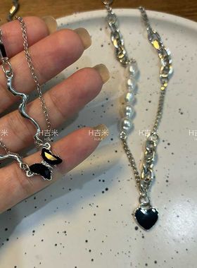 高颜值潮款辣妹项链合集黑色蝴蝶小众设计感十字架嘻哈百搭项链女