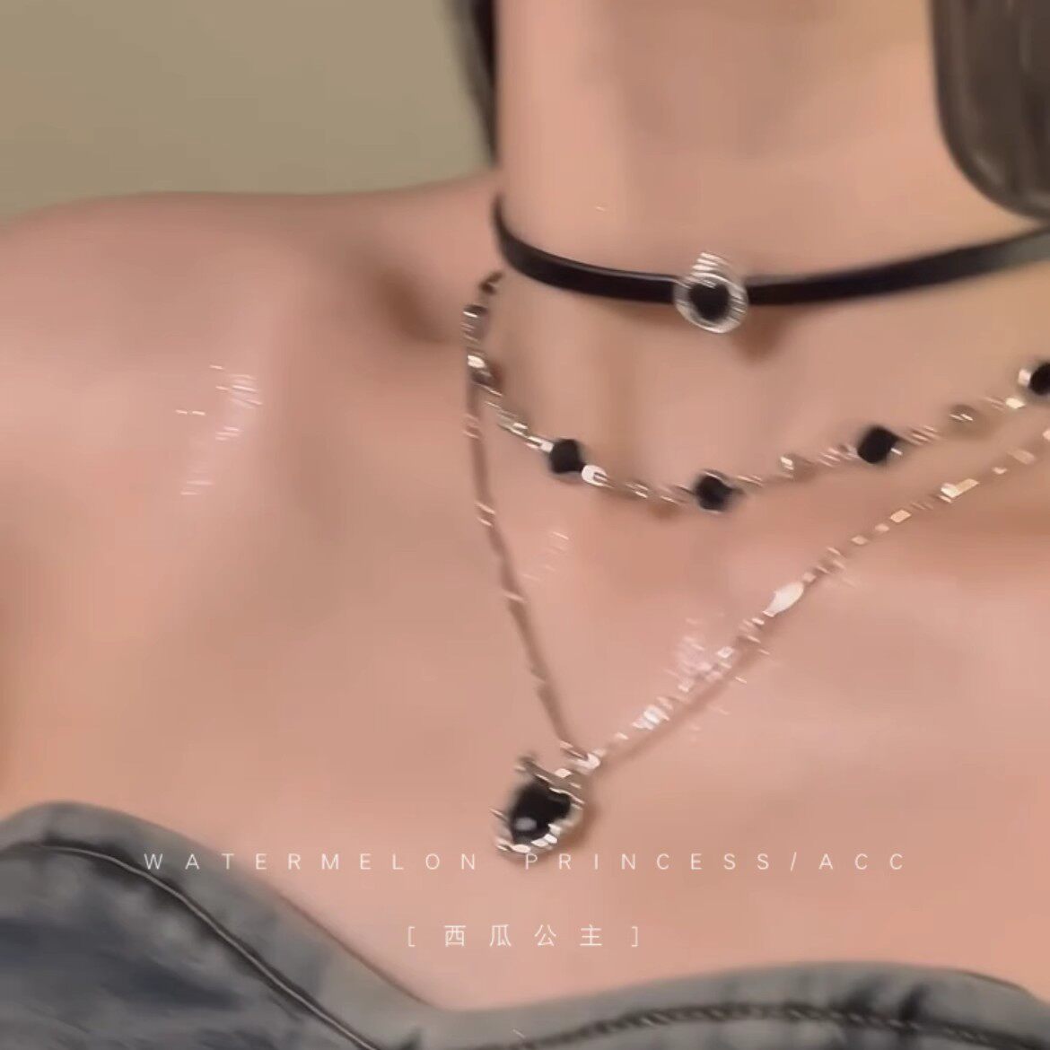 甜酷黑绳锁骨链项链多层叠戴女辣妹黑皮绳链蛇骨链颈链酷风