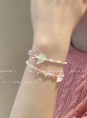 彩色串珠亚克力蝴蝶手链女夏ins小众设计简约百搭手绳可调节手饰