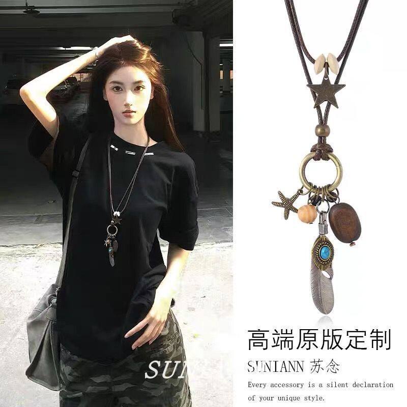 甜酷复古做旧蝴蝶结金属项链民族风波西米亚简约百搭长款圆环吊坠