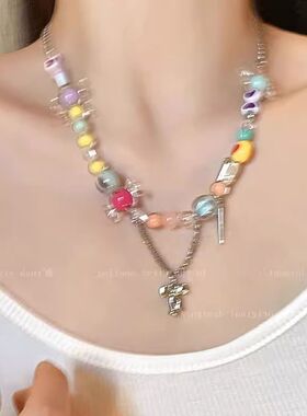 彩色糖果串珠蝴蝶结流苏锁骨链