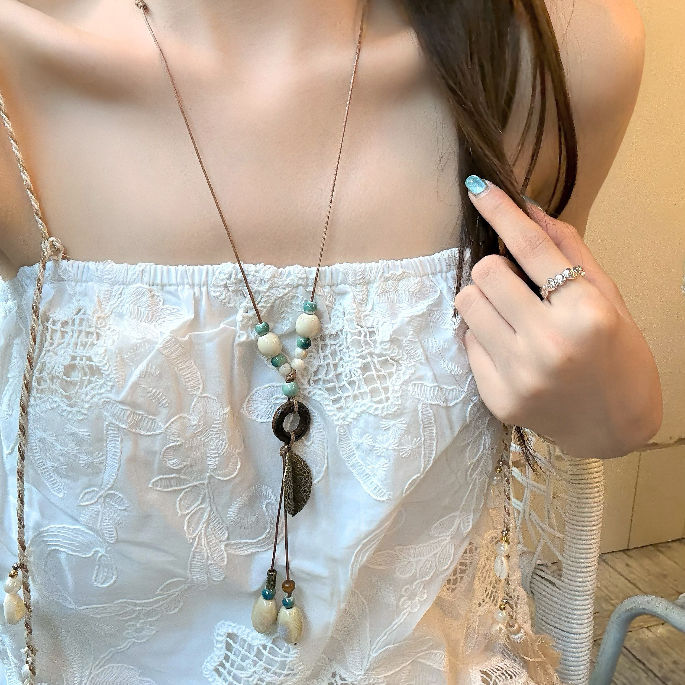 【蜜桃茶】梧桐琥珀 长款天然石陶瓷吊坠项链中式民族风挂脖配饰