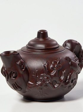 黑檀木雕茶壶摆件实木工艺品明清仿古红木雕刻把把壶转运乔迁送礼