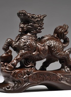 黑檀木雕麒麟摆件一对纯木质火麒麟公母办公室家居客厅装饰工艺礼