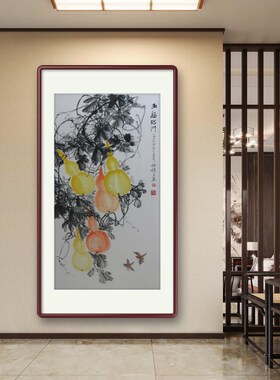葫芦装饰画手绘国画五福临门卷轴挂画新中式玄关走廊花鸟画水墨画