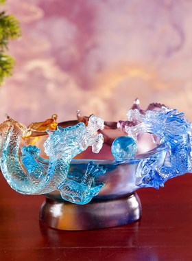 琉璃摆件双龙戏珠聚宝盆家用桌面摆件居家装饰工艺品开业乔迁送礼