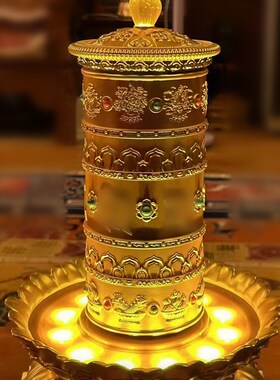 新款藏式莲花转轮电动转筒转运轮客厅家用摆件八吉祥转金筒转金桶
