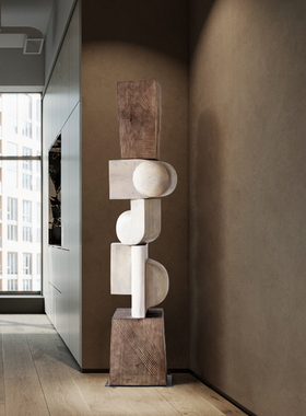 样板间玄关木雕艺术品抽象雕塑落地摆件售楼处酒店过道楼梯口装饰