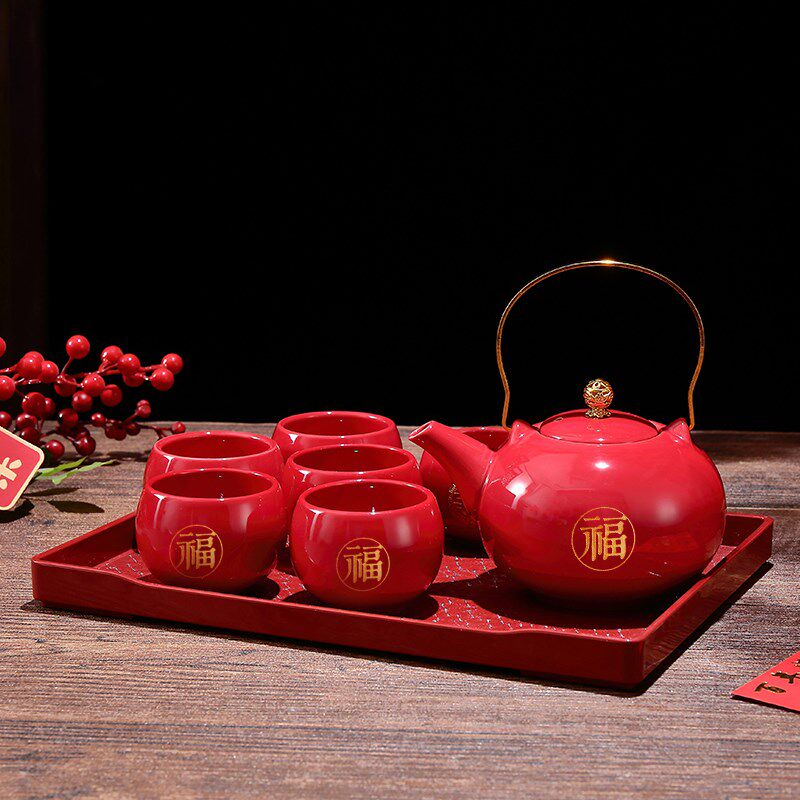 Wedding change of mouth toast tea cup h teapot set wedding engagement supplies red bride dowry tray tea set set