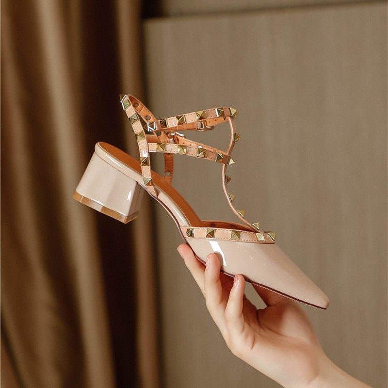 裸色高跟鞋女单鞋法式粗跟尖头铆钉包头凉鞋2024年春秋新款中跟夏,淘宝优惠券,粉丝福利购,淘宝优惠卷