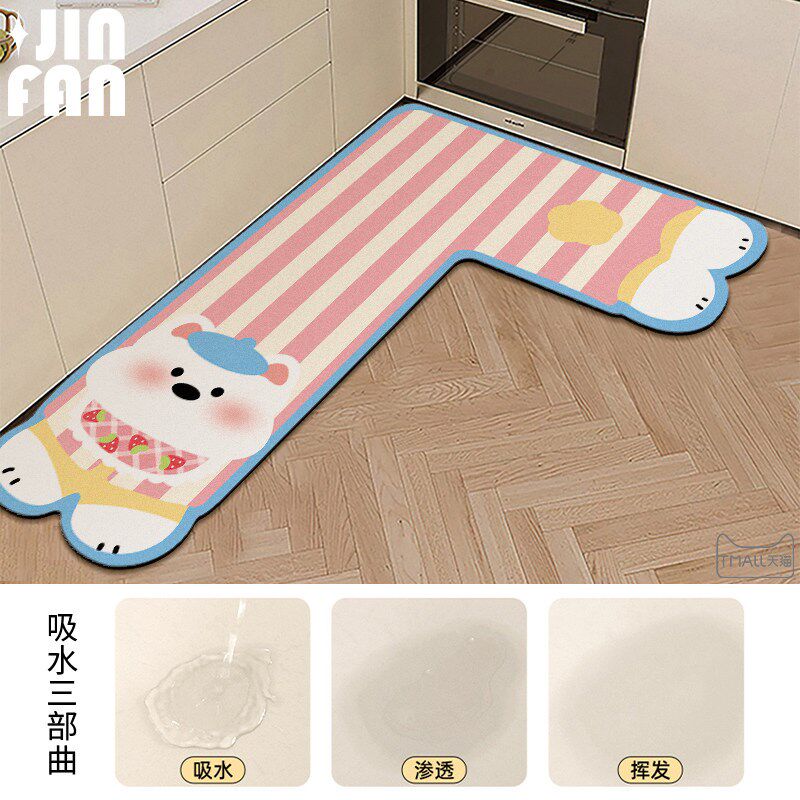 Cartoon floor mat L-shaped kitchen soft diatom mud absorbs water and oil E anti-slip foot mat special corner strip carpet new style