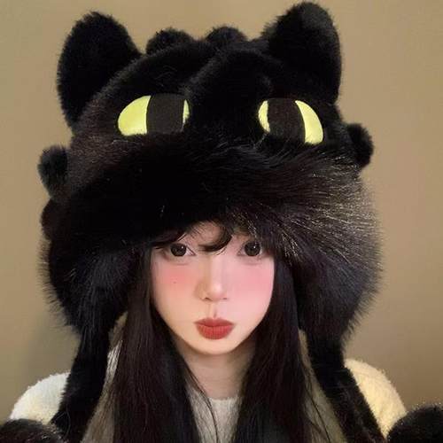 韩版毛绒帽子女冬季休闲百搭大头围帽子冬季氛围感穿搭保暖防风帽 - 图1