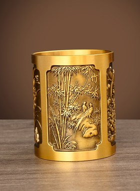 纯黄铜笔筒摆件实心铜笔筒中式办公桌书桌面M装饰品送老师同学礼