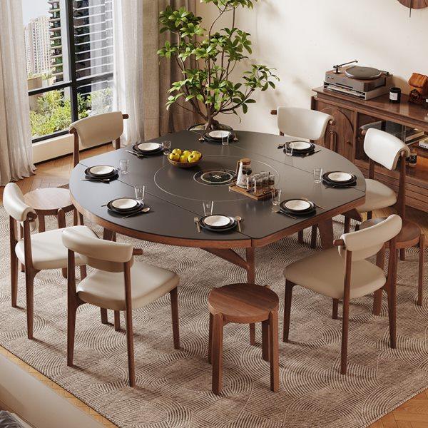 胡桃色实木岩板方圆餐桌可伸缩圆桌家用小户型可折叠餐桌椅组合,淘宝优惠券,粉丝福利购,淘宝优惠卷