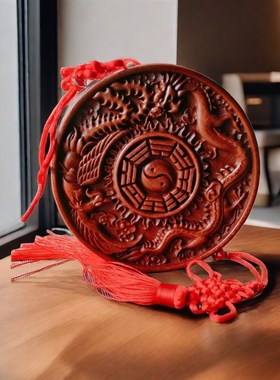 新款桃木龙凤八卦镜图木龙凤呈祥挂件木雕新婚馈赠家居装饰潮流