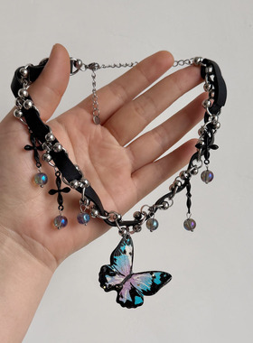 y2k重工渐变彩蝴蝶项链项圈女