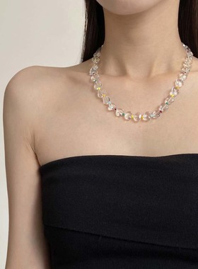 气质彩色透明爱心水晶串珠项链女