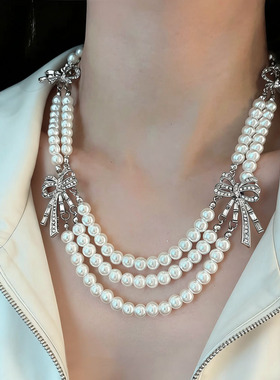 vintage多层珍珠镶钻蝴蝶结项链