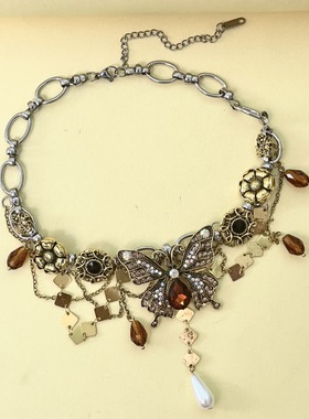 美德拉复古金属花蝴蝶水滴项链女