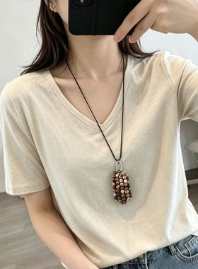 棕色天然石吊坠流苏串珠长项链女