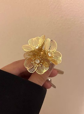 欧美金属浮夸鱼尾纹花朵闪钻开口戒指女时髦金属可调高级感指环