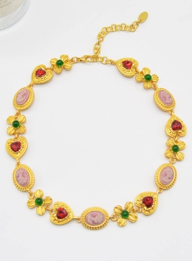 复古宫廷风金属镶钻人像爱心项链