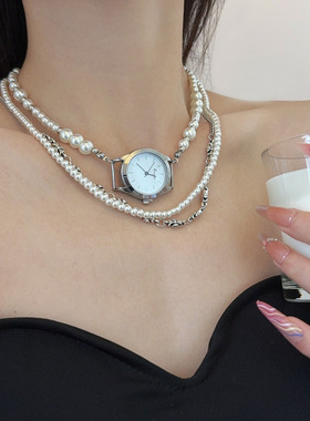 时髦个性多层叠戴珍珠钟表项链女