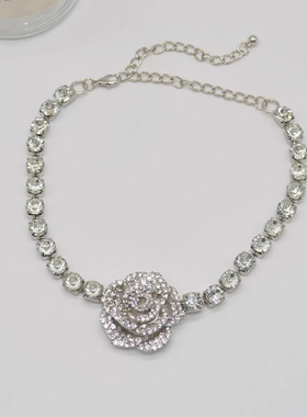 时尚复古镶钻玫瑰花项链锁骨链女