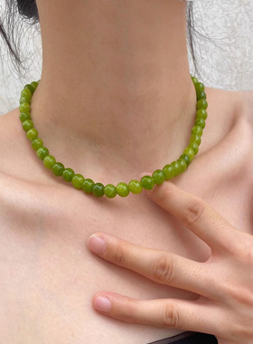 天然橄榄绿石头玛瑙串珠项链配饰