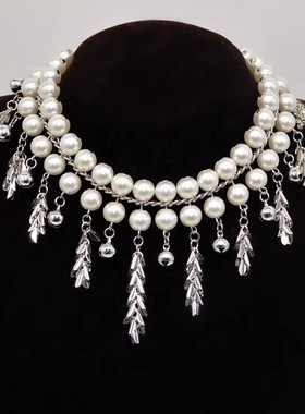 时髦甜酷双层珍珠流苏麦穗项链女