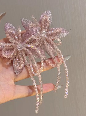 夸张耳饰粉色水晶花朵流苏耳钉女