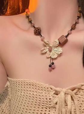 复古民族风木质串珠花朵项链女款