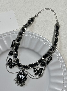 哥特暗黑编织皮质爱心蝴蝶项链女