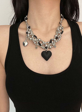 欧美复古重工爱心金属串珠项链