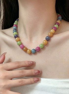 多巴胺串珠彩虹天然石碧玺项链女
