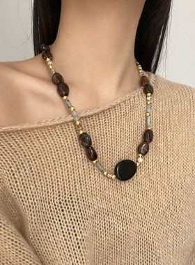 民族风椭圆天然石树脂串珠项链女