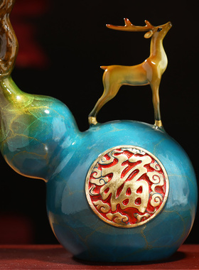 福禄长青招财葫芦铜鹿摆件客厅玄关暖房新居装饰高档乔迁开业礼物