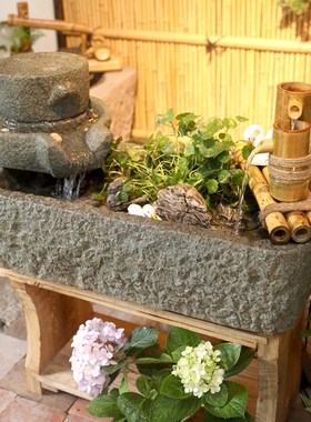 庭院假山竹子排循环流水景观阳台养鱼池造景花园装饰石槽喷泉摆件